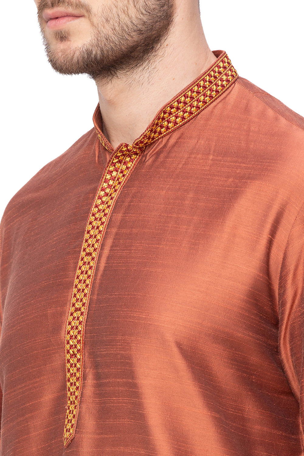 Men's embroidered cotton blend knee-length kurta, back view.