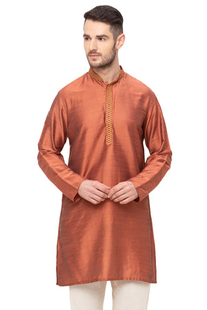 Men's embroidered cotton blend knee-length kurta, front view.