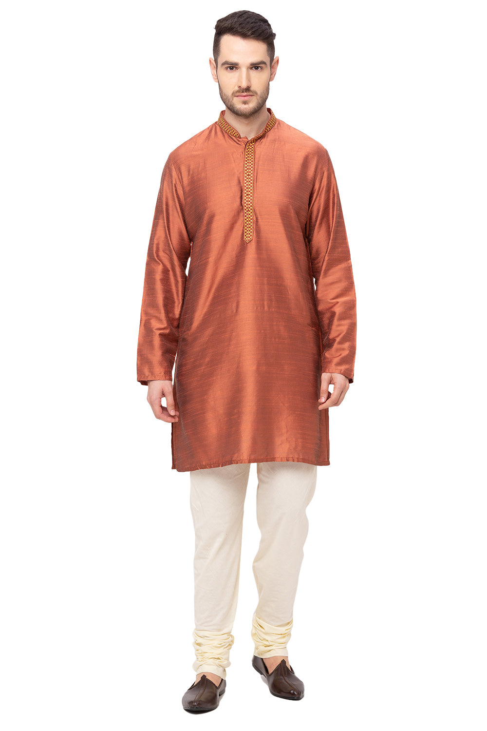 Men's embroidered cotton blend knee-length kurta, side view.