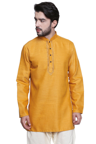 Men's embroidered cotton blend knee-length kurta, alternate front view.