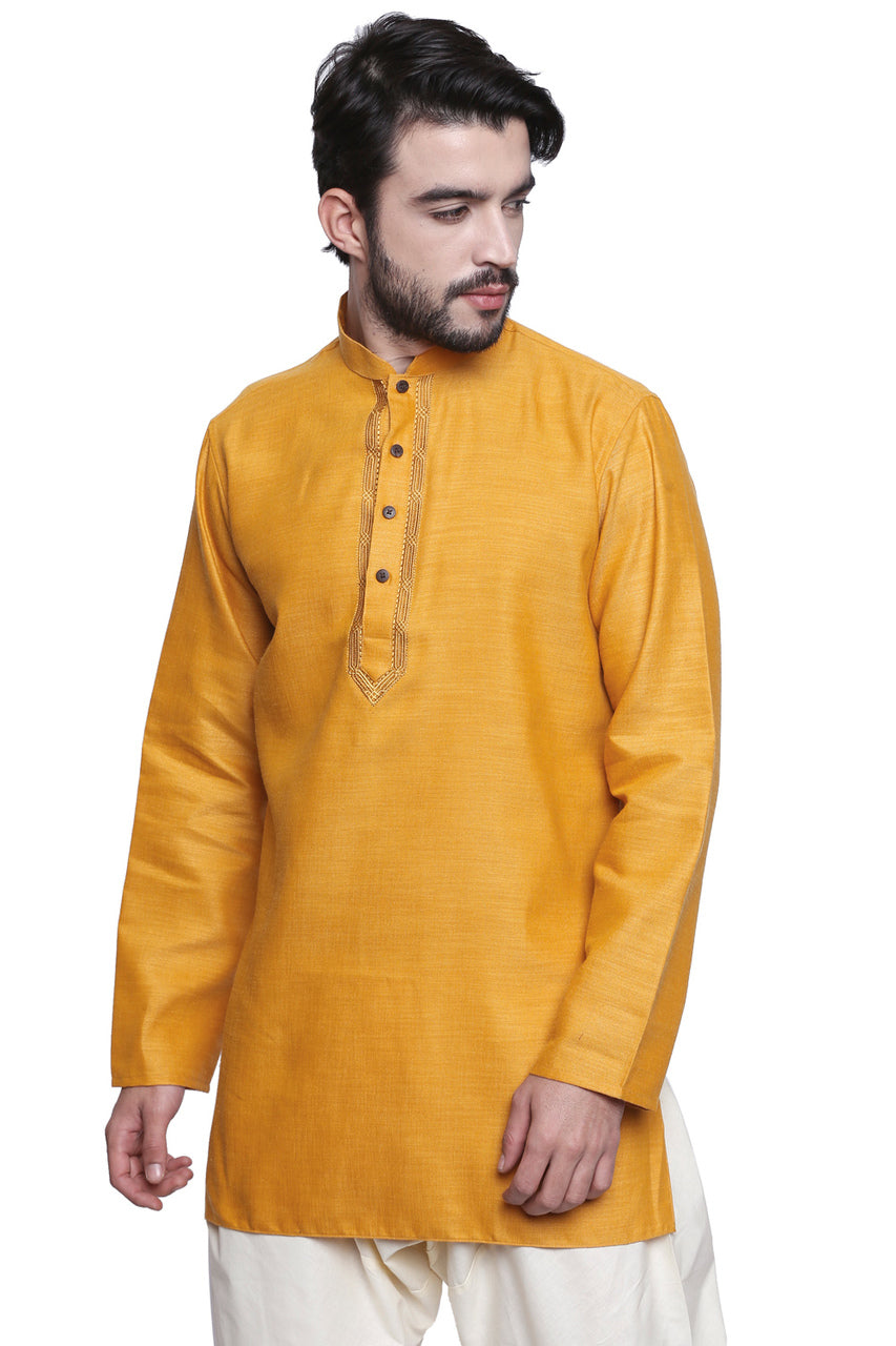 Men's embroidered cotton blend knee-length kurta, front view.