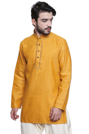 Men's embroidered cotton blend knee-length kurta, front view.