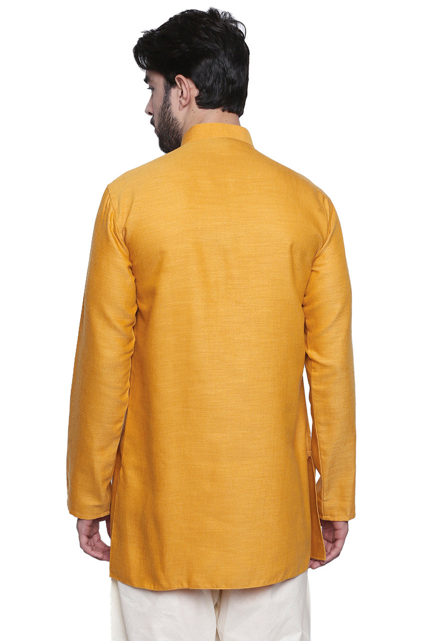 Men's embroidered cotton blend knee-length kurta, side view.