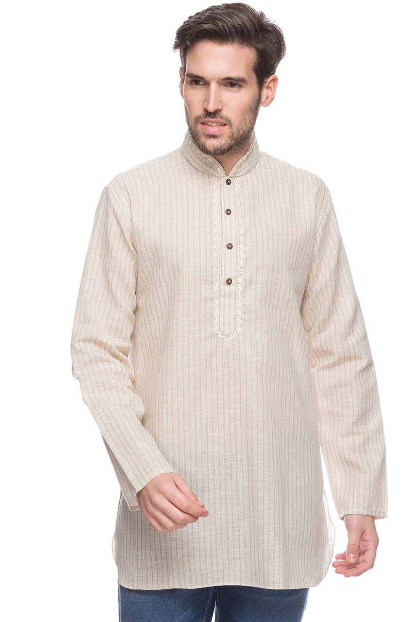 Men's embroidered cotton blend knee-length kurta style 2, front view.