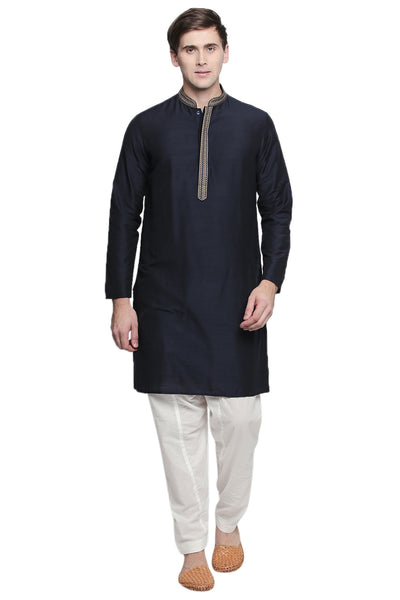 Men's embroidered cotton blend knee-length kurta style 3, alternate front view.