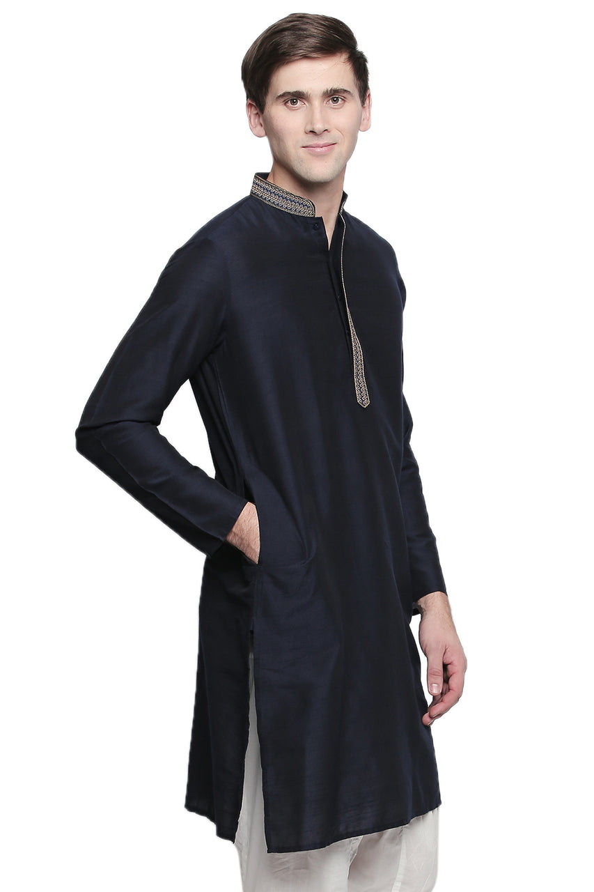 Men's embroidered cotton blend knee-length kurta style 3, back view.