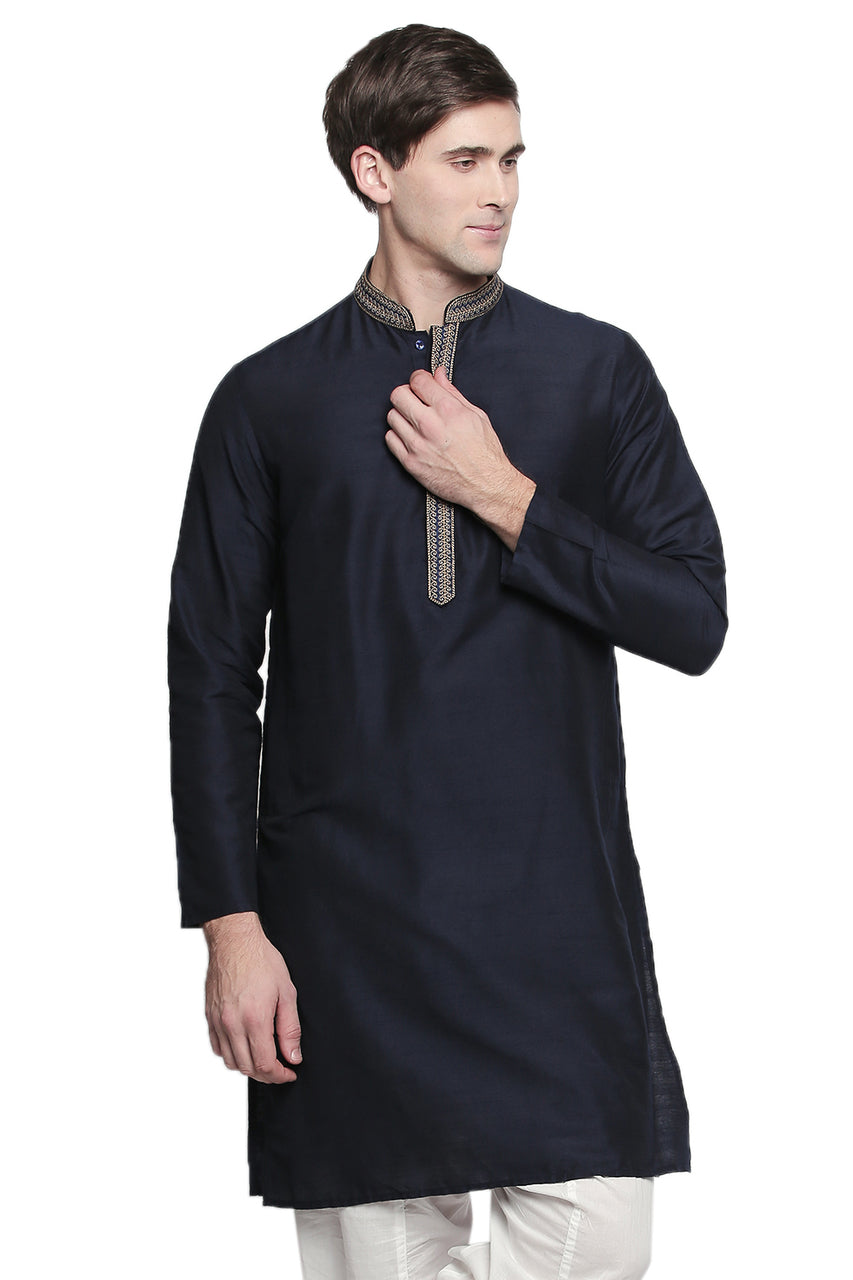 Men's embroidered cotton blend knee-length kurta style 3, front view.