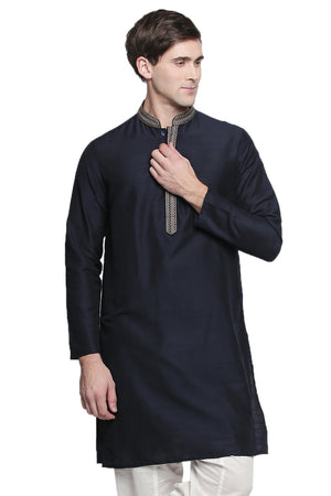 Men's embroidered cotton blend knee-length kurta style 3, front view.