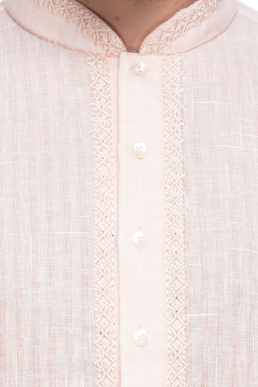 Men's embroidered cotton blend knee-length kurta style 3, back view.