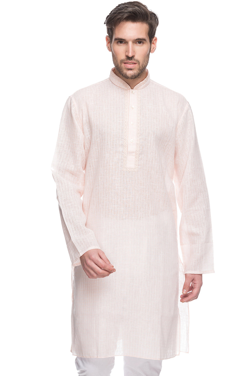 Men's embroidered cotton blend knee-length kurta style 3, front view.
