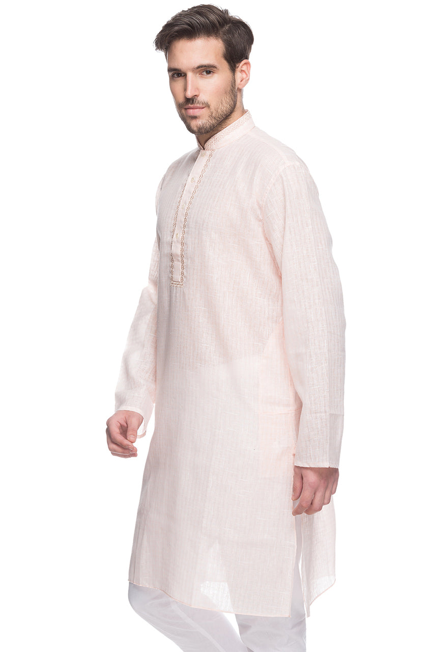 Men's embroidered cotton blend knee-length kurta style 3, side view.