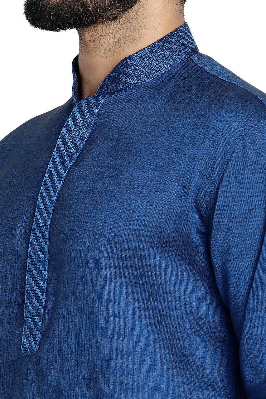 Men's embroidered cotton blend knee-length kurta style 4, back view.