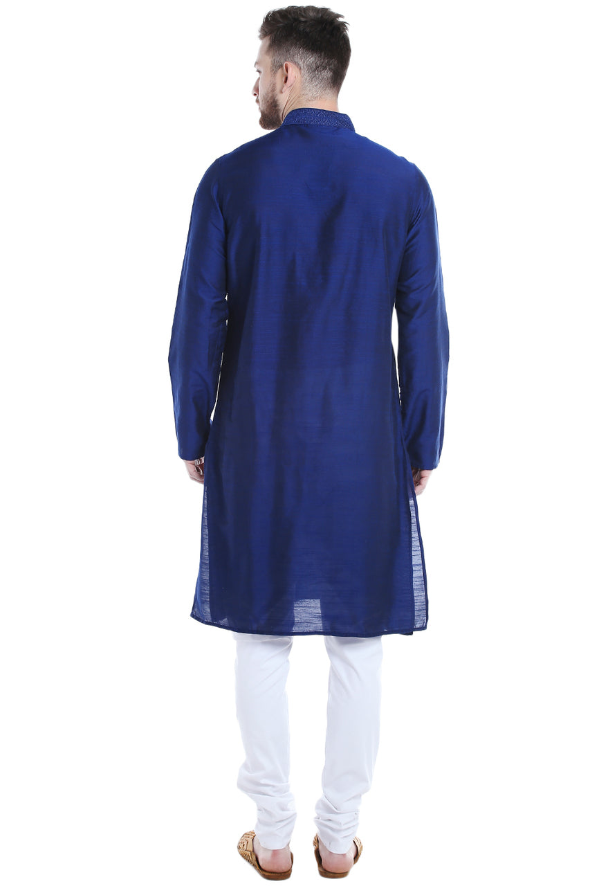 Men's embroidered rayon band collar knee-length kurta, alternate front view.