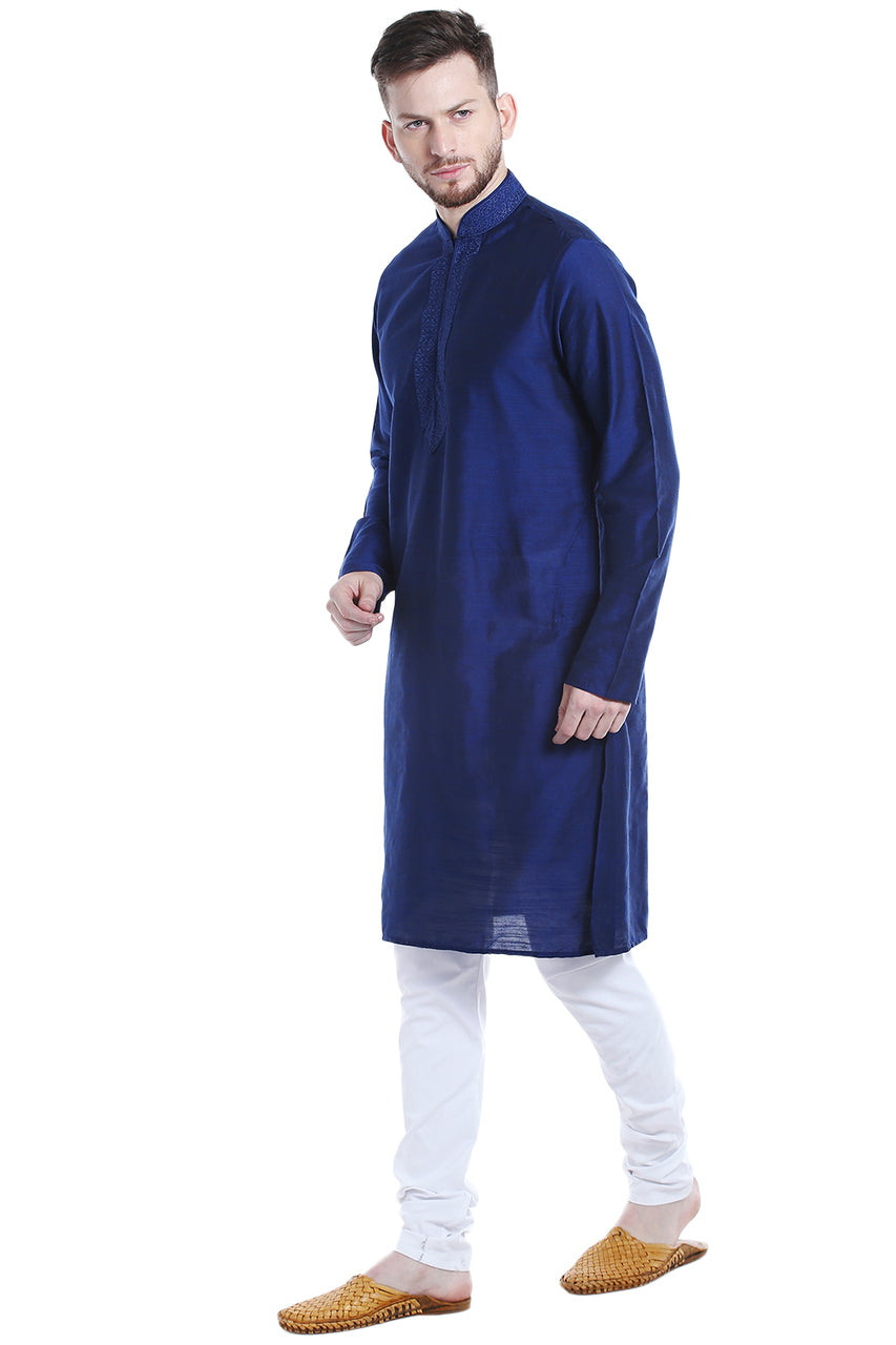 Men's embroidered rayon band collar knee-length kurta, alternate side view.