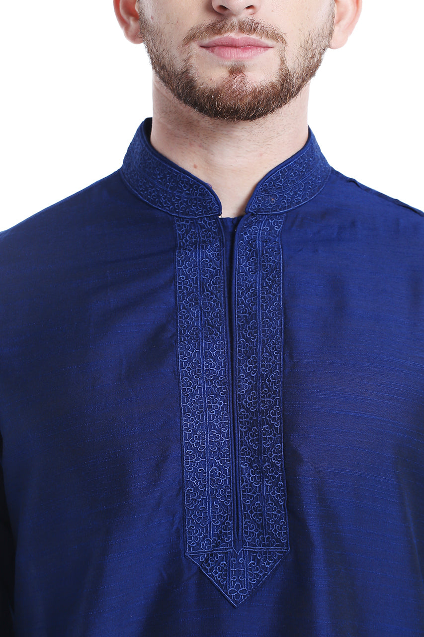 Men's embroidered rayon band collar knee-length kurta, back view.