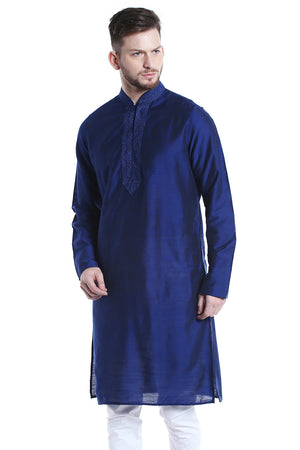 Men's embroidered rayon band collar knee-length kurta, front view.
