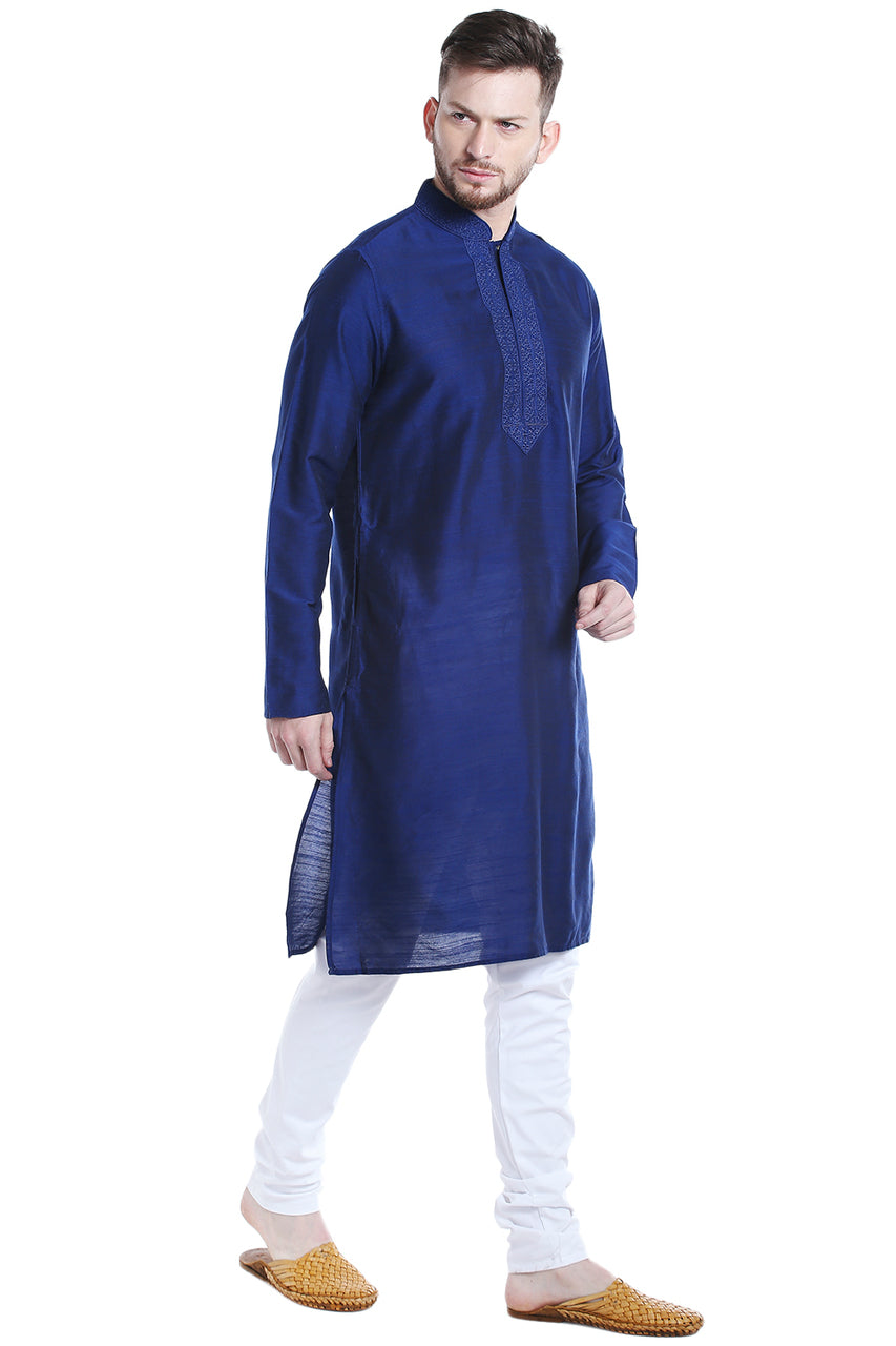 Men's embroidered rayon band collar knee-length kurta, side view.