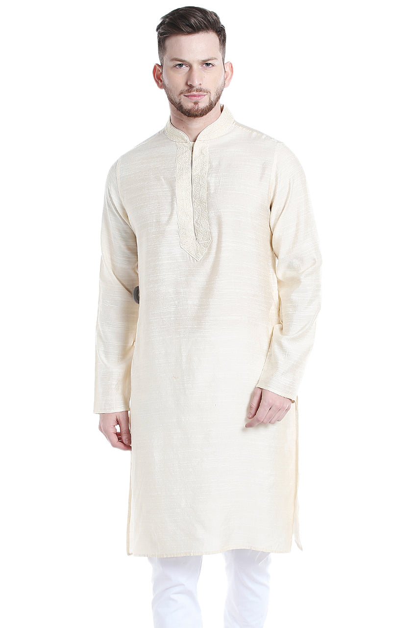 Men's embroidered rayon band collar knee-length style 2, front view.