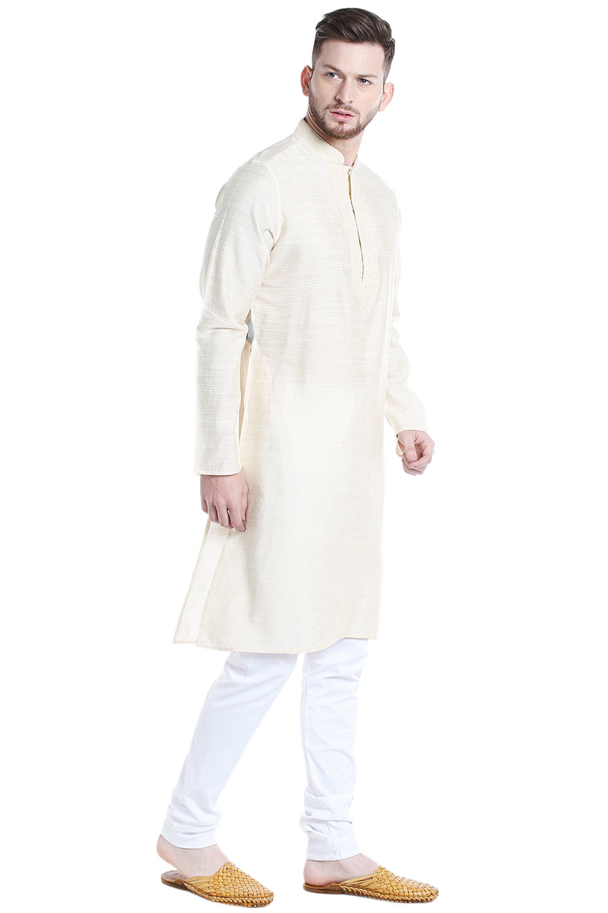 Men's embroidered rayon band collar knee-length style 2, side view.