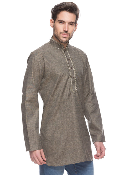 Men's embroidered rayon knee-length kurta, alternate front view.