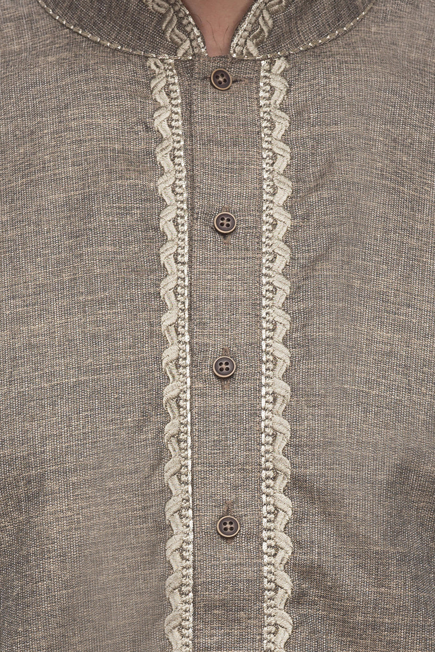 Men's embroidered rayon knee-length kurta, back view.