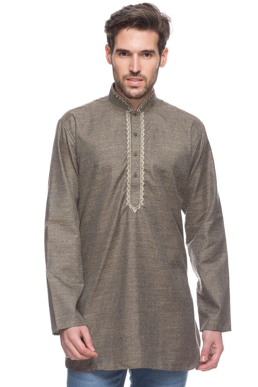Men's embroidered rayon knee-length kurta, front view.