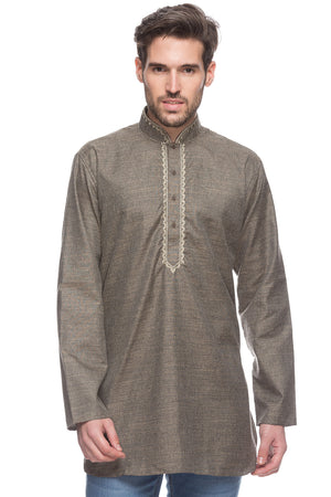 Men's embroidered rayon knee-length kurta, front view.