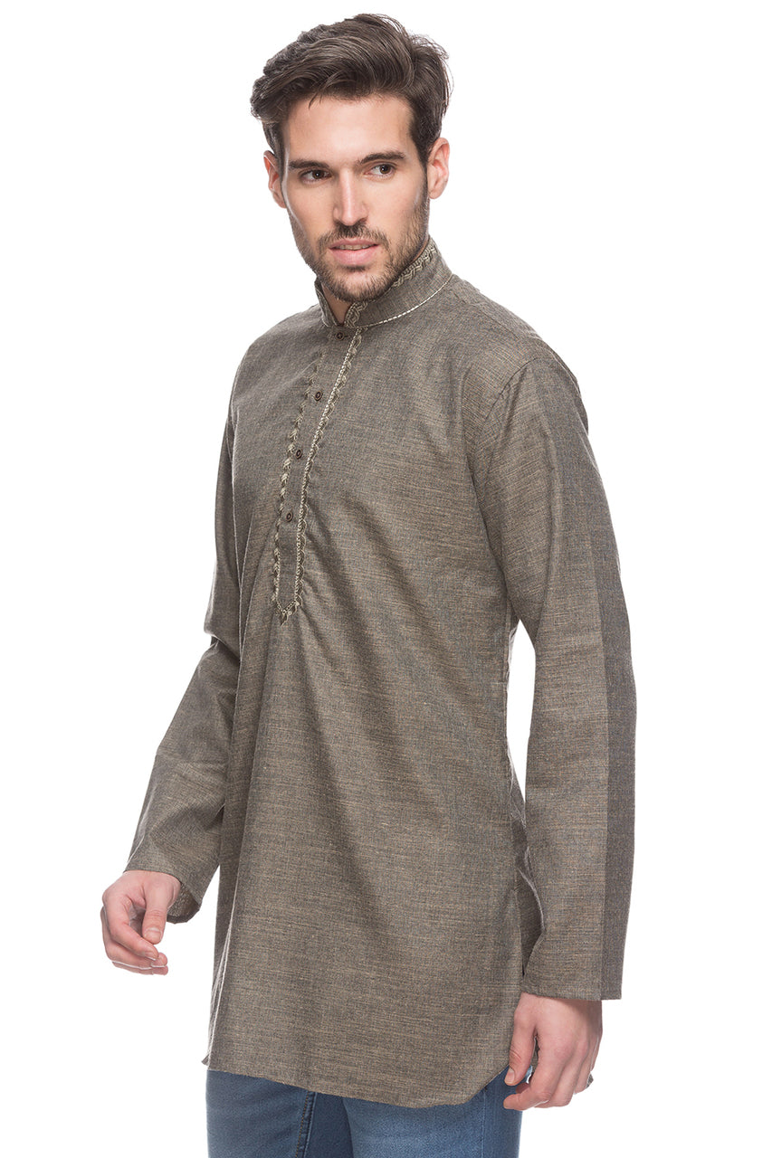 Men's embroidered rayon knee-length kurta, side view.