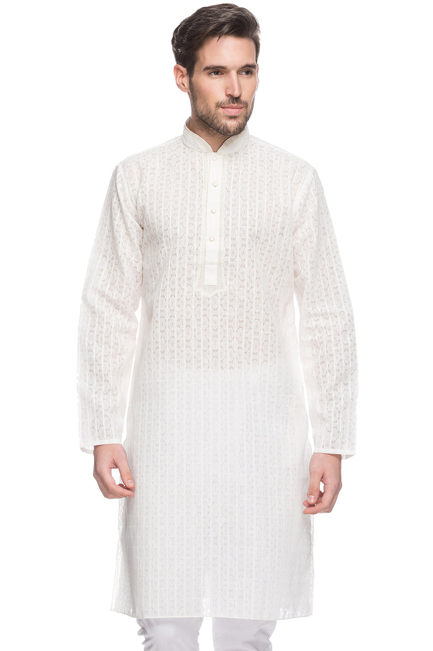 Men's embroidered rayon knee-length kurta style 2, front view.