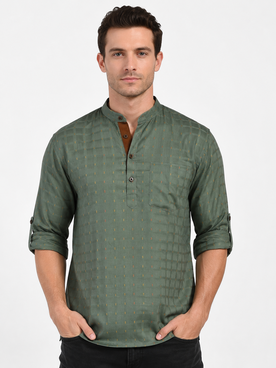 Front view of In-Sattva men's emerald green printed cotton hip-length kurta tunic