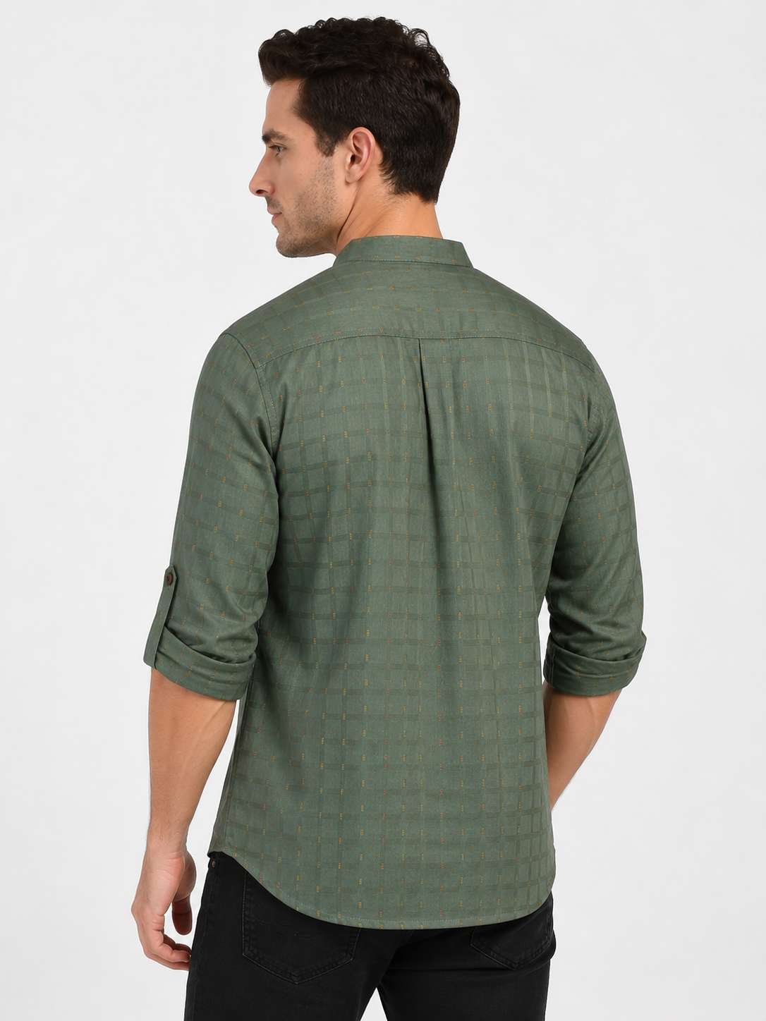 Side view of In-Sattva men's emerald green printed cotton hip-length kurta tunic