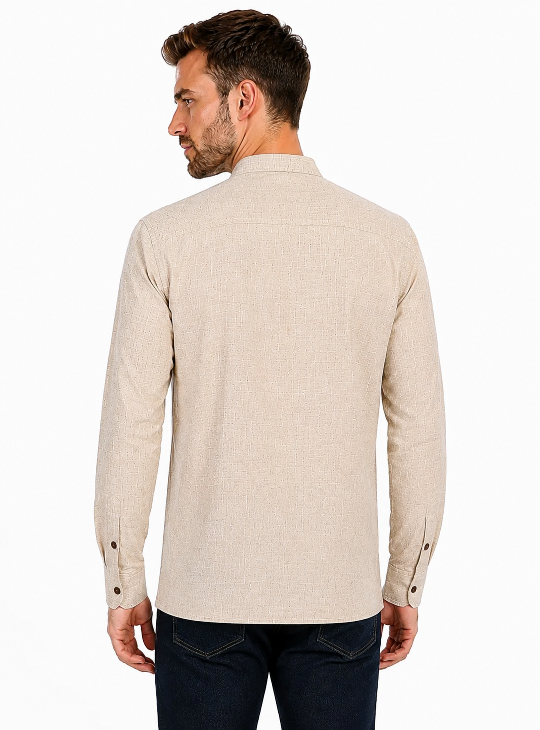 Back view of In-Sattva men's espresso brown double-breasted hip-length kurta tunic