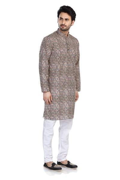 Men's folk-print cotton mandarin collar knee-length kurta, alternate front view.