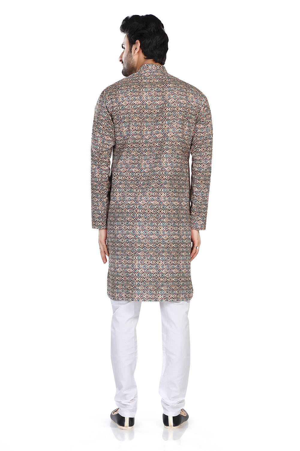Men's folk-print cotton mandarin collar knee-length kurta, alternate side view.