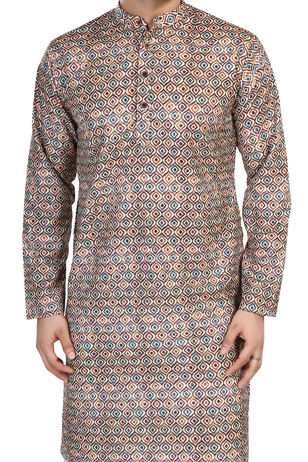 Men's folk-print cotton mandarin collar knee-length kurta, back view.