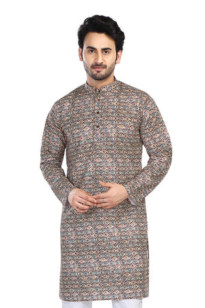 Men's folk-print cotton mandarin collar knee-length kurta, front view.