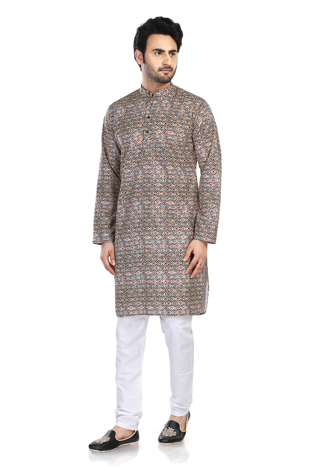 Men's folk-print cotton mandarin collar knee-length kurta, side view.