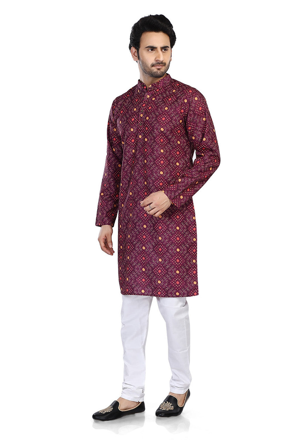 Men's folk-print cotton mandarin collar style 2, alternate front view.