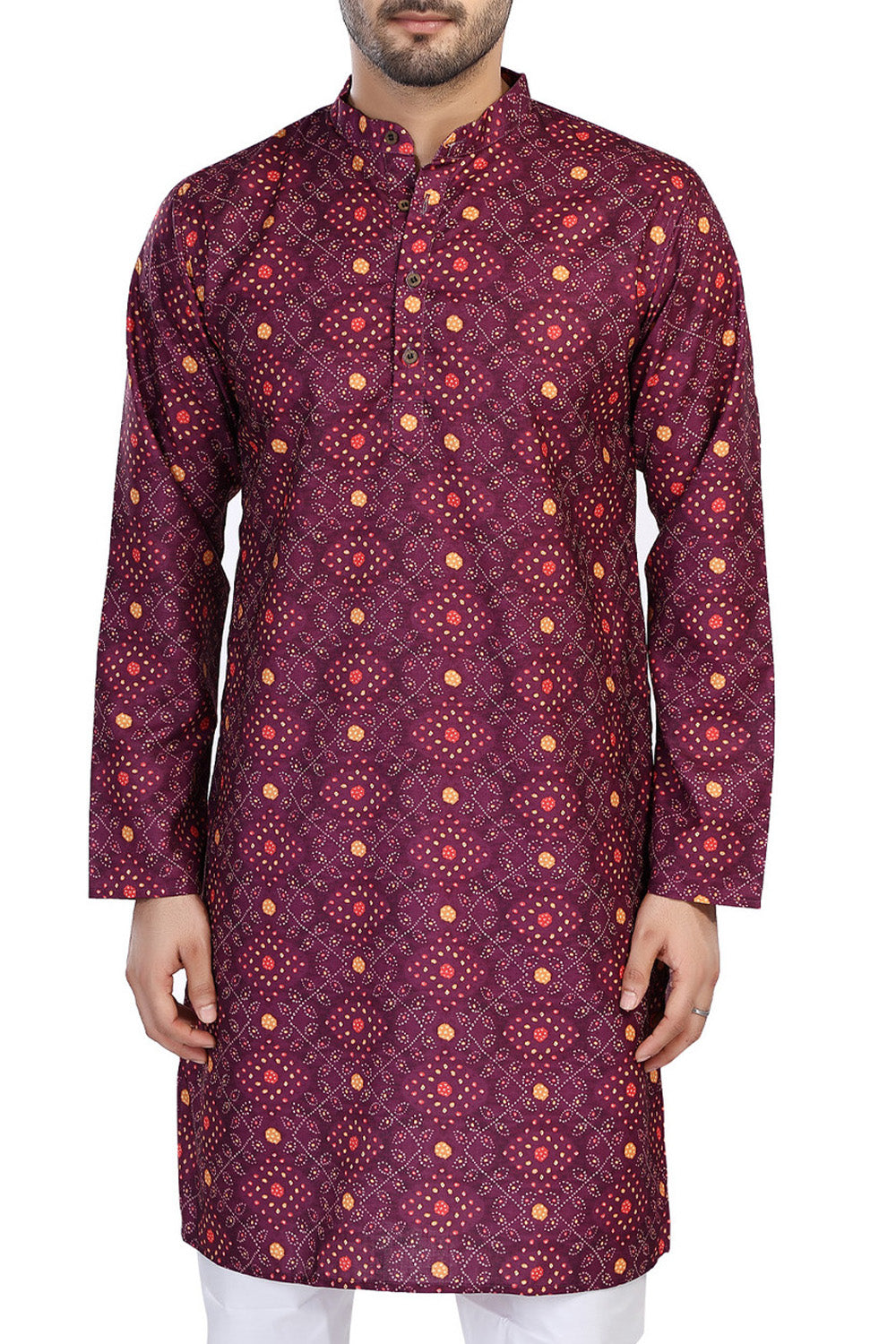 Men's folk-print cotton mandarin collar style 2, alternate side view.