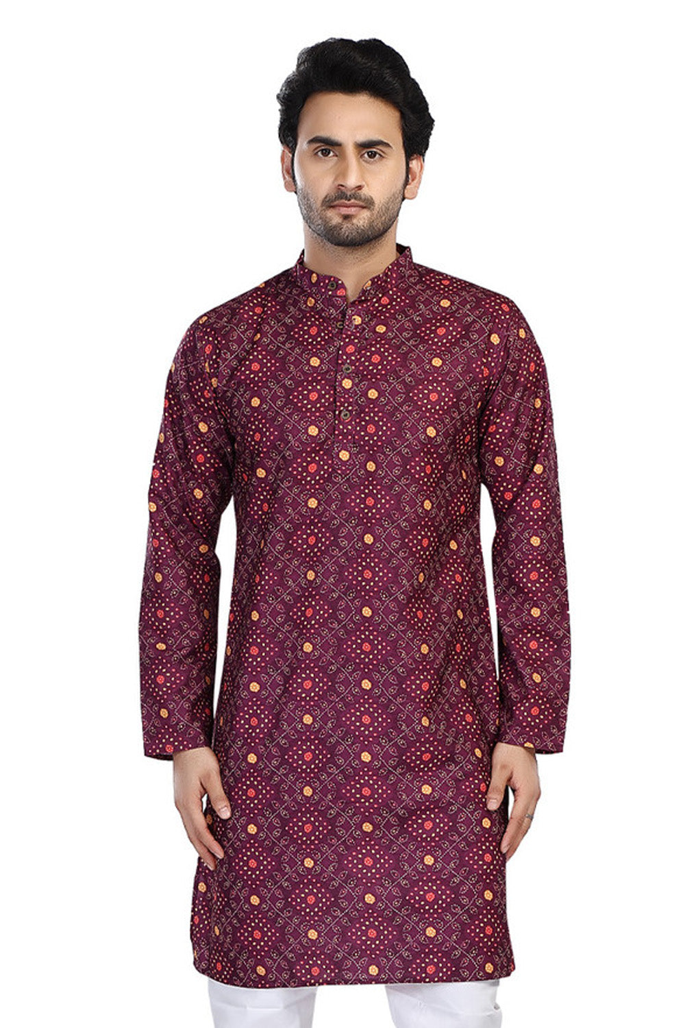 Men's folk-print cotton mandarin collar style 2, front view.