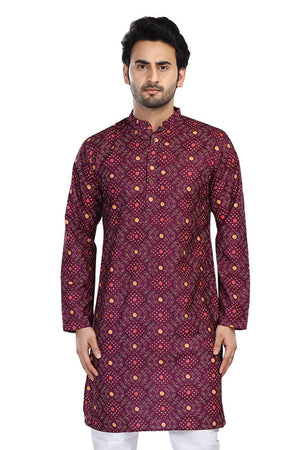 Men's folk-print cotton mandarin collar style 2, front view.