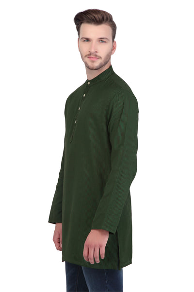 Men's forest green striped cotton knee-length kurta, alternate front view.