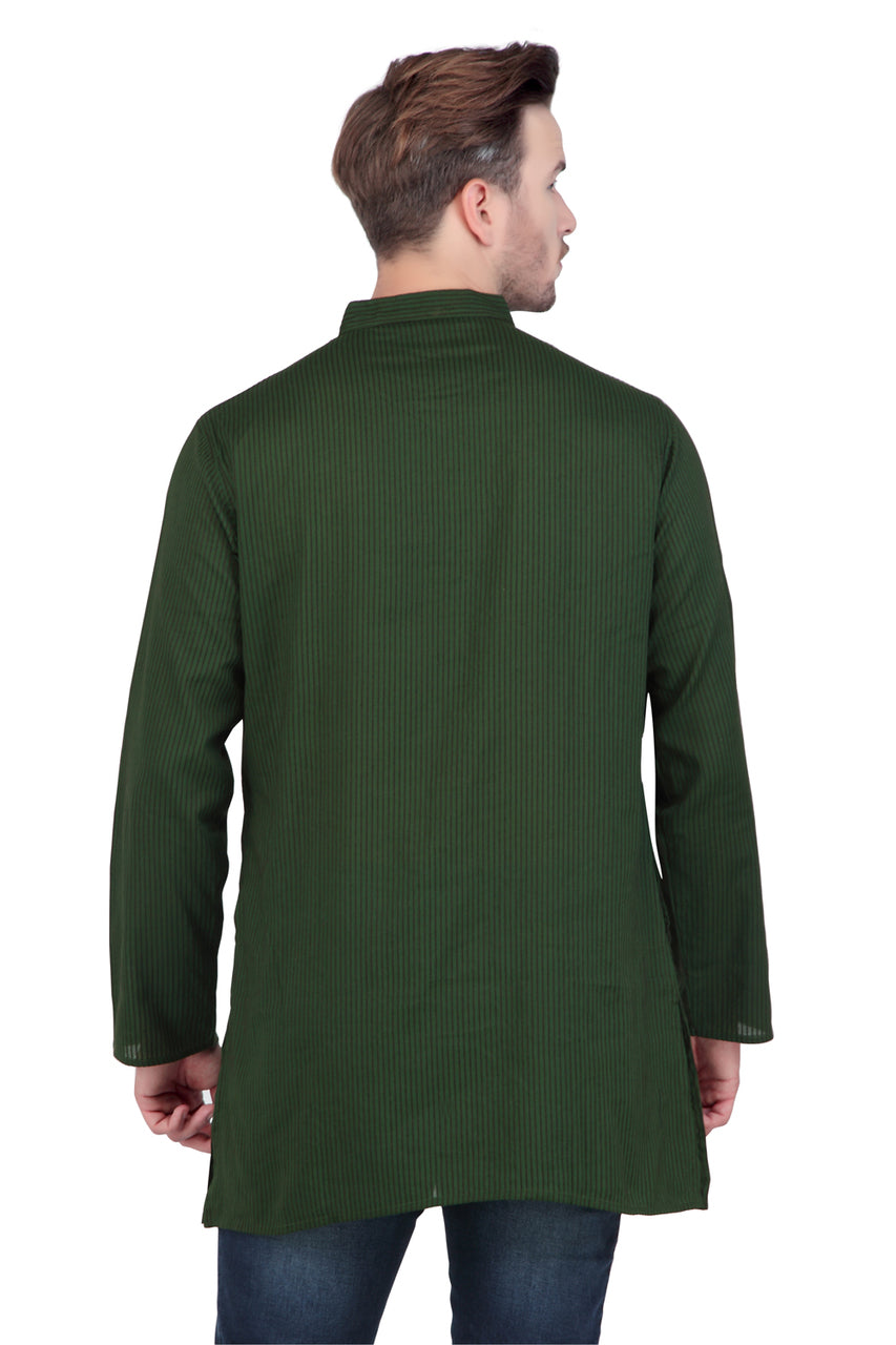 Men's forest green striped cotton knee-length kurta, alternate side view.