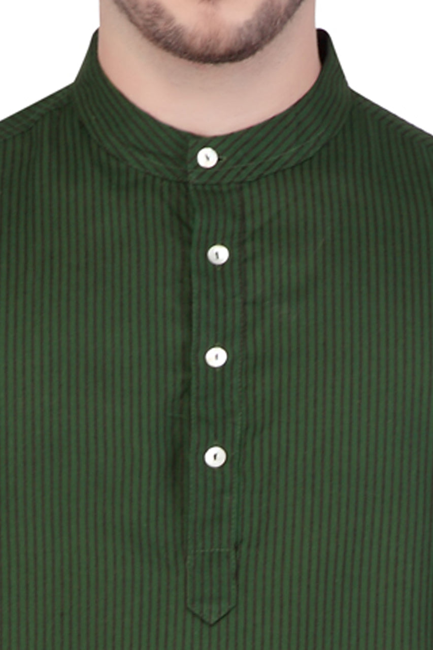 Men's forest green striped cotton knee-length kurta, back view.