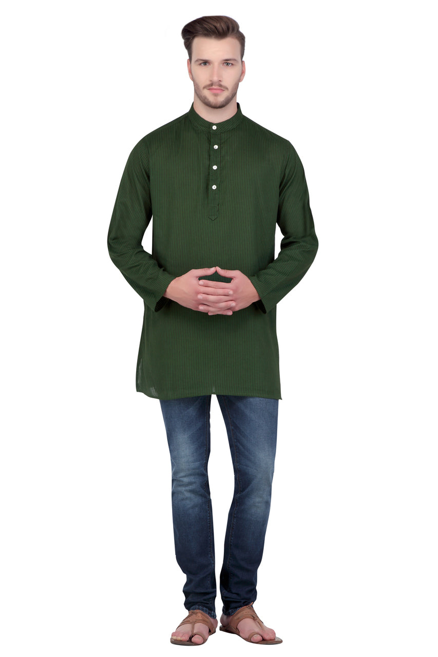 Men's forest green striped cotton knee-length kurta, close-up detail.