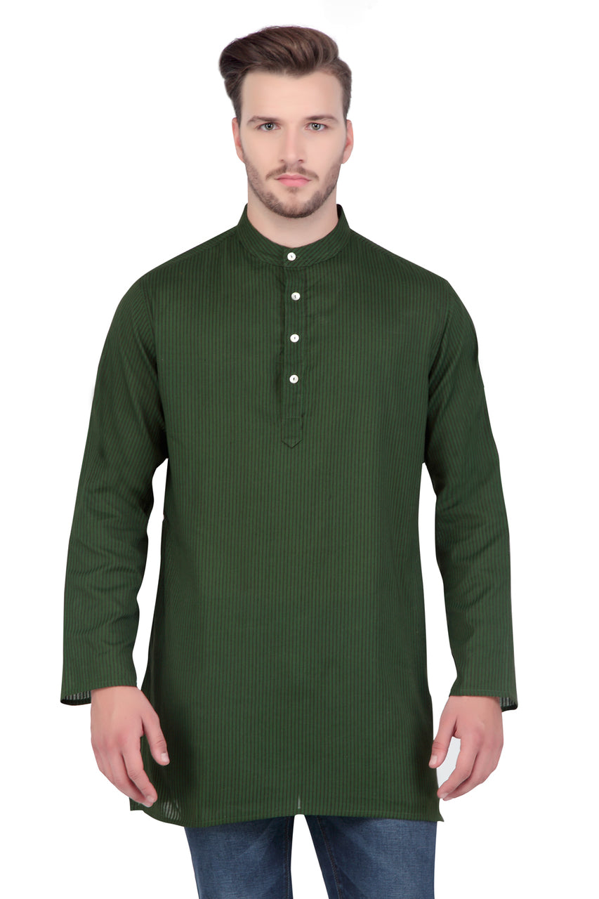 Men's forest green striped cotton knee-length kurta, front view.