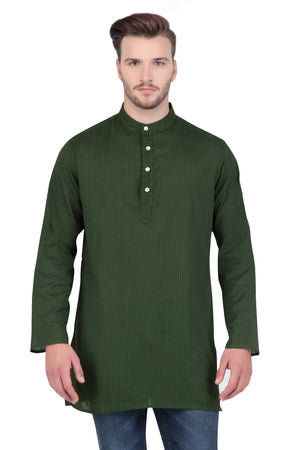 Men's forest green striped cotton knee-length kurta, front view.