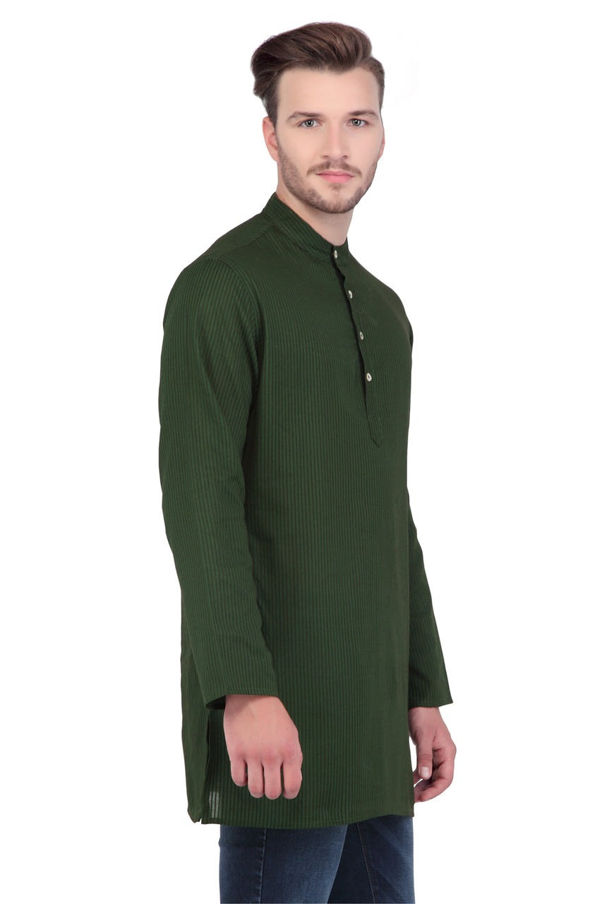 Men's forest green striped cotton knee-length kurta, side view.