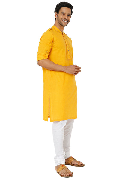 Men's golden yellow cotton knee-length kurta, alternate front view.