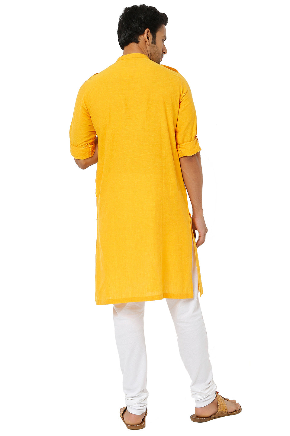 Men's golden yellow cotton knee-length kurta, alternate side view.